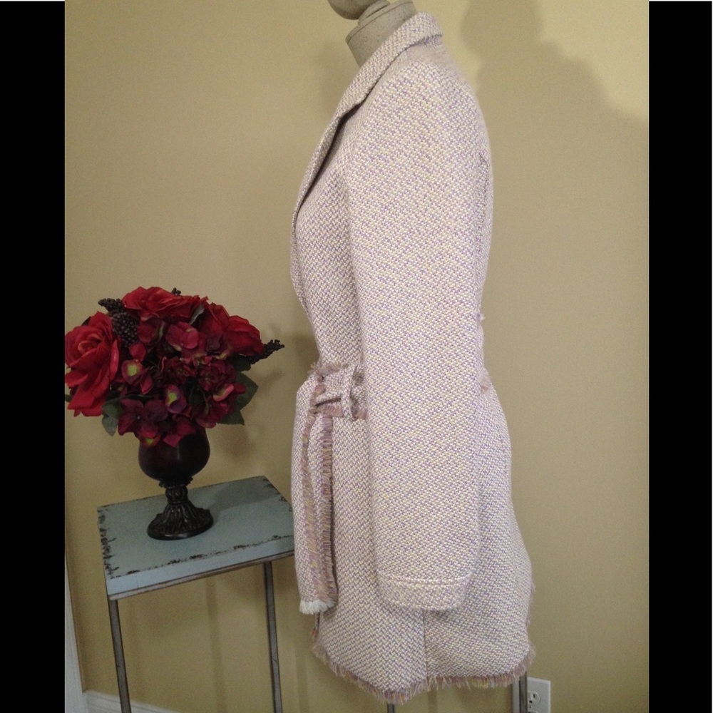 NEW Tulle Coat Lined Lightweight Lavender Accents Fringed Belt Wool Blend Medium - Picture 3 of 9